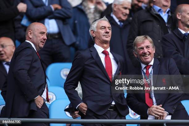 Former Liverpool players Gary McCallister, Ian Rush and Kenny Dalglish during the Premier League match between Manchester City and Liverpool at...