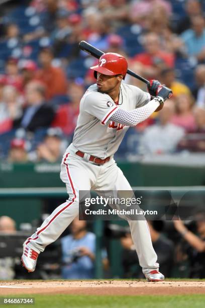 Nick Williams of the Philadelphia Phillies prepares for a pitch during a baseball game against the Washington Nationals at Nationals Park on...