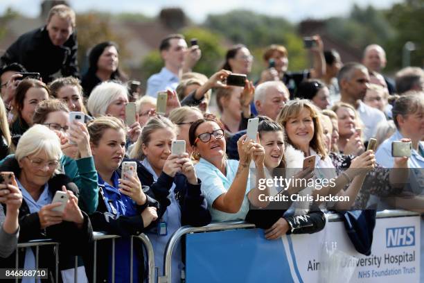 Hospital staff gather to meet Prince William, Duke of Cambridge during a visit to Aintree University Hospital on September 14, 2017 in Liverpool,...