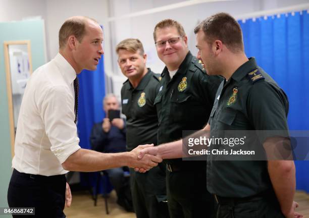 Prince William, Duke of Cambridge meets hospital staff during a visit to Aintree University Hospital on September 14, 2017 in Liverpool, England. The...