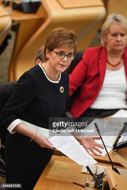First Minister of Scotland Nicola Sturgeon answers questions during first ministers questions in the Scottish Parliament on September 14, 2017 in...