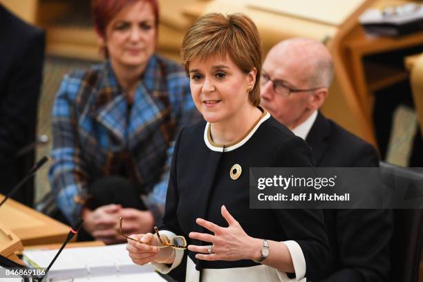 First Minister of Scotland Nicola Sturgeon answers questions during first ministers questions in the Scottish Parliament on September 14, 2017 in...