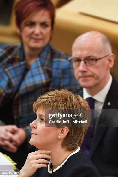 First Minister of Scotland Nicola Sturgeon answers questions during first ministers questions in the Scottish Parliament on September 14, 2017 in...