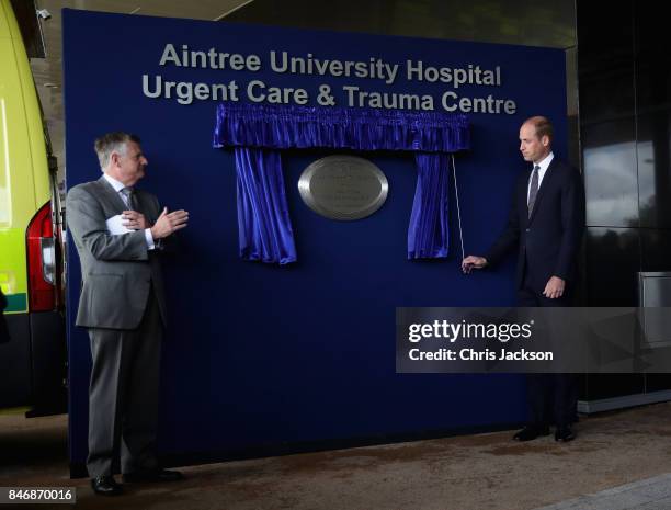 Prince William, Duke of Cambridge visits Aintree University Hospital on September 14, 2017 in Liverpool, England. The Duke visited Aintree University...