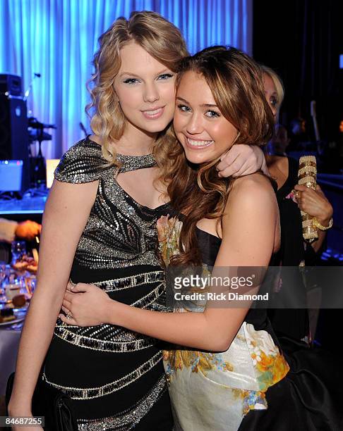 Singers Taylor Swift and Miley Cyrus attend the 2009 GRAMMY Salute To Industry Icons honoring Clive Davis at the Beverly Hilton Hotel on February 7,...