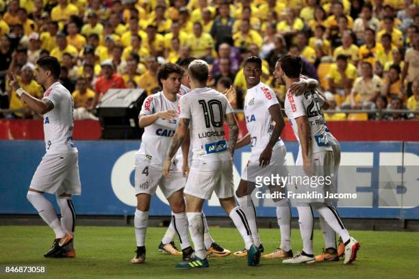 Bruno Henrique of Santos celebrates after scoring the first goal of his team during a first leg match between Barcelona SC and Santos as part of...