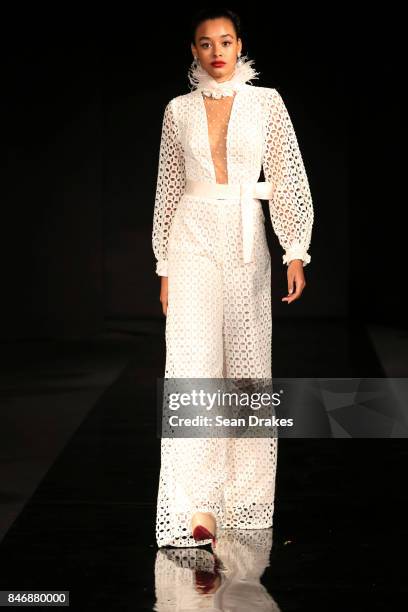 Model wears dress design by Miriam Rodriguez of Venezuela in the Fashion Designers of Latin America collection shows during New York Fashion Week at...