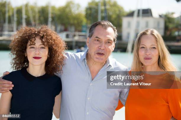 Actresses Blandine Bellavoir, Actor Samuel Labarthe and Actress Elodie Frenck attend "Petits Meutres d'Agatha Christie" Photocall during 19th...