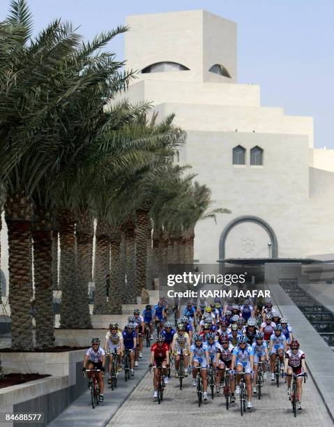 Cyclists start competing in the first stage of the Tour of Qatar cycling race for women, a 94 kms from Qatar Museum of Islamic Art to the Doha...