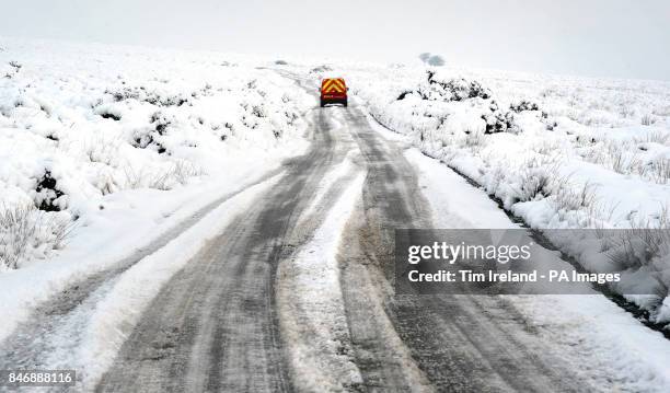 Van navigates hazardous roads Dunkery Hill on Exmoor in Somerset as the cold weather continues across the UK.