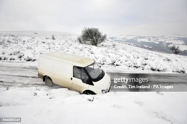 Van on Dunkery Hill, Exmoor in Somerset as the cold weather continues across the UK.