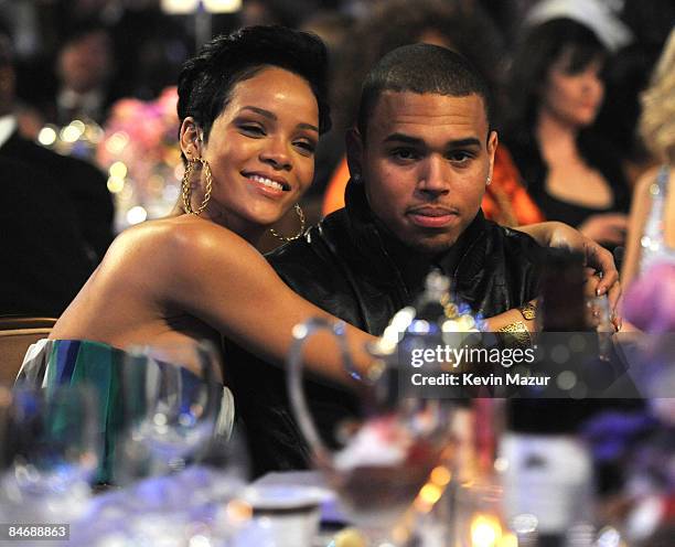 Rihanna and Chris Brown attends the 2009 GRAMMY Salute To Industry Icons honoring Clive Davis at the Beverly Hilton Hotel on February 7, 2009 in...