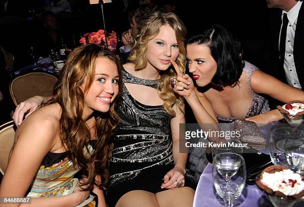 Miley Cyrus, Taylor Swift and Katy Perry attends the 2009 GRAMMY Salute To Industry Icons honoring Clive Davis at the Beverly Hilton Hotel on...
