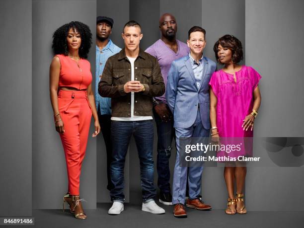 Actors Simone Missick, Mahershala Ali, Mike Colter, Theo Rossi, Frank Whaley and Alfre Woodard from 'Marvels Luke Cage' are photographed for...