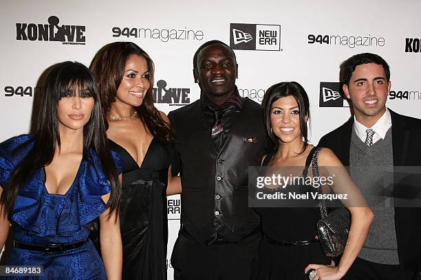 Kim Kardashian, Tracey Edmonds, Akon, Kourtney Kardashian and Colby O'Donis attend the New Era & 944 Magazine Pre-Grammy Party at the 944 Studios on...