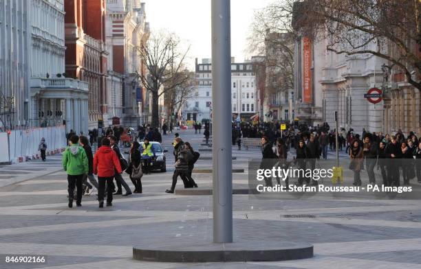 The newly pedestrianised Exhibition Road in London. The new-look road features a kerb-free single surface with no barriers or street clutter. Visual...