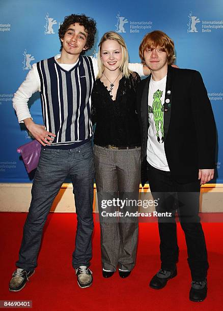 Actors Robert Sheehan, Kimberley Nixoan and Rupert Grint attend the photocall for 'Cherrybomb' as part of the 59th Berlin Film Festival at the...