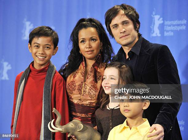 Actors Jan Nicdao, Marife Necesito, Mexican Gael Garcia Bernal, Sophie Nyweide, Martin Delos Santos pose with a toy mammoth during the photocall for...