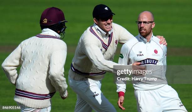 Jack Leach of Somerset celebrates after dismissing Hasseb Hameed of Lancashire during Day Three of the Specsavers County Championship Division One...