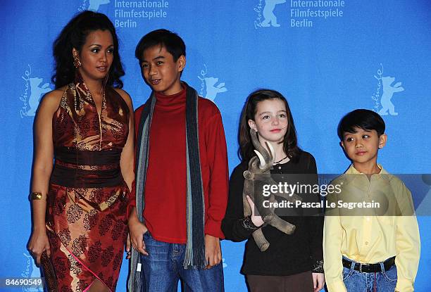 Actors Marife Necesito, Jan Nicdao, Sophie Nyweide and Martin Delos Santos attend the photocall for 'Mammoth' as part of the 59th Berlin Film...