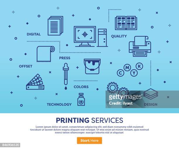 ilustrações, clipart, desenhos animados e ícones de conceito de serviços de impressão - impressora maquinaria de fábrica