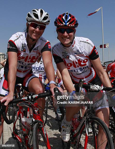 Australia's Rochelle Gilmore of Lotto-Belisol Ladiesteam and her Dutch teammate Vera Koedooder wait for the start of the first stage of the Tour of...