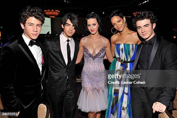Nick Jonas, Joe Jonas, Katy Perry, Rihanna and Kevin Jonas attend the 2009 GRAMMY Salute To Industry Icons honoring Clive Davis at the Beverly Hilton...