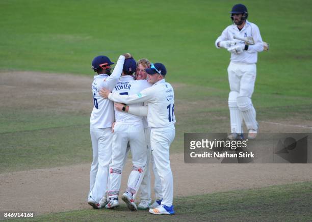 Simon Harmer of Essex celebrates after he takes the winning wicket during the County Championship Division One match between Warwickshire and Essex...
