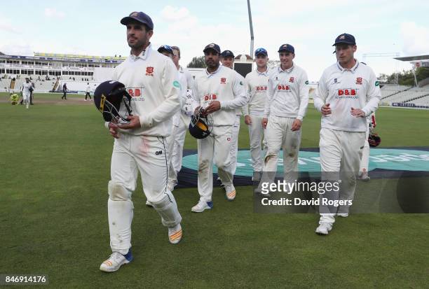 Ryan ten Doeschate, the Essex captain leads his team off the pitch after their victory during the Specsavers County Championship Division One match...