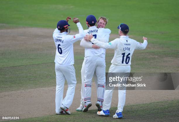 Simon Harmer of Essex celebrates after he takes the winning wicket during the County Championship Division One match between Warwickshire and Essex...