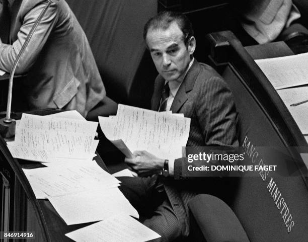 The Minister of Justice Robert Badinter is sitting in the Chamber of the National Assembly on September 17, 1981 in Paris, during the examination of...