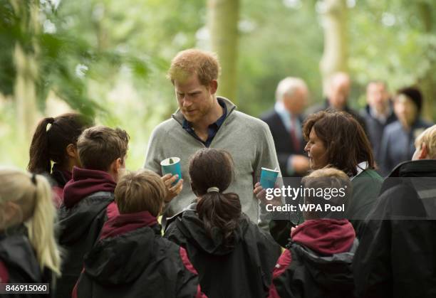 Prince Harry samples nettle tea with Felstead Prep School year 7 pupils as he visits The Chatham Green Project, a conservation and educational...