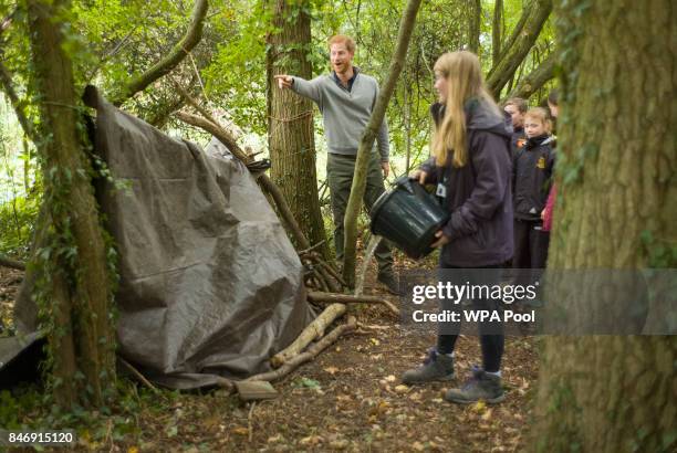 Prince Harry builds shelters with Felstead Prep School year 7 pupils as he visits The Chatham Green Project, a conservation and educational...