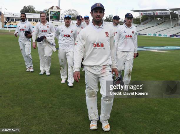 Ryan ten Doeschate, the Essex captain leads his team off the pitch after their victory during the Specsavers County Championship Division One match...