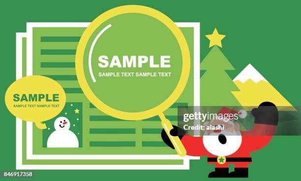 merry christmas and new year greeting card, cute santa claus holding a magnifying glass and reading newspaper. with snowman and christmas tree - good news banner stock illustrations