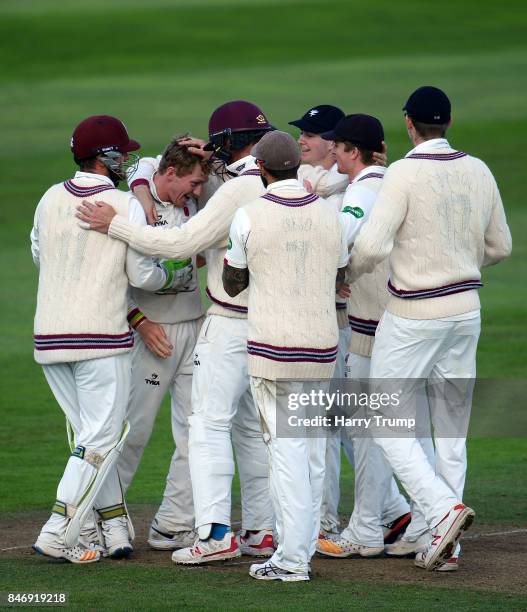 Dom Bess of Somerset celebrates after dismissing Shiv Chanderpaul of Lancashire during Day Three of the Specsavers County Championship Division One...