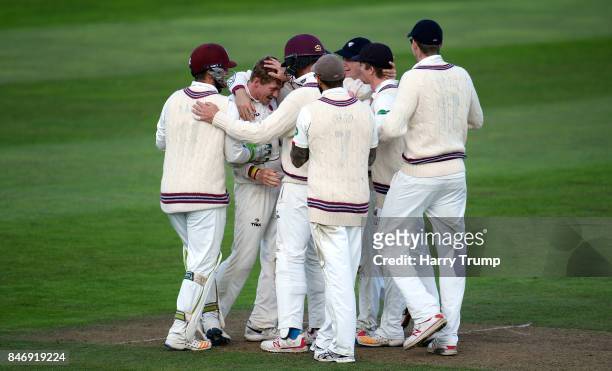 Dom Bess of Somerset celebrates after dismissing Shiv Chanderpaul of Lancashire during Day Three of the Specsavers County Championship Division One...