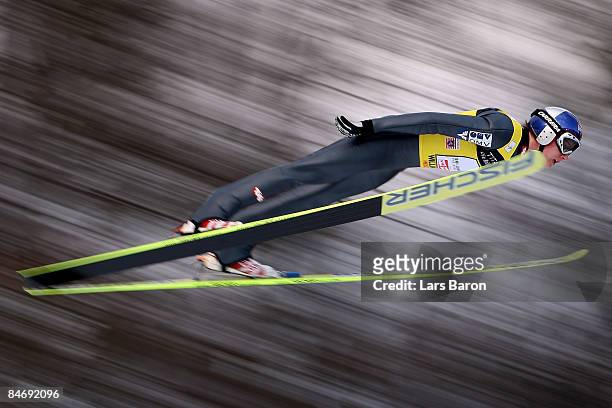 Gregor Schlierenzauer of Austria competes during day three of the FIS Ski Jumping World Cup at the Muehlenkopfschanze on February 8, 2009 in...