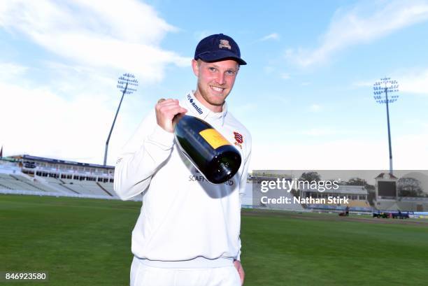 Jamie Porter of Essex is named man of the match during the County Championship Division One match between Warwickshire and Essex at Edgbaston on...