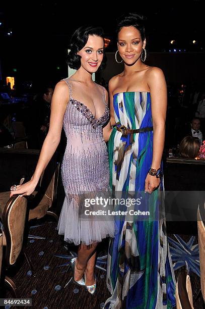Singers Katy Perry and Rihanna attend the 2009 GRAMMY Salute To Industry Icons honoring Clive Davis at the Beverly Hilton Hotel on February 7, 2009...