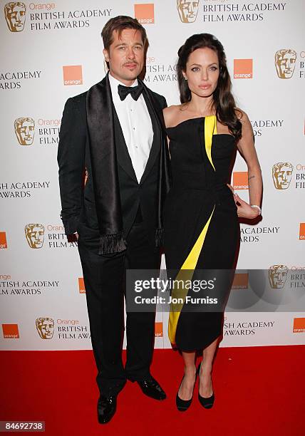 Brad Pitt and Angelina Jolie arrive at The Orange British Academy Film Awards held at the Royal Opera House on February 8, 2009 in London, England.