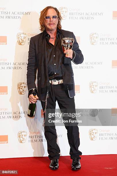 Best Actor Mickey Rourke poses at the winner's board at The Orange British Academy Film Awards held at the Royal Opera House on February 8, 2009 in...