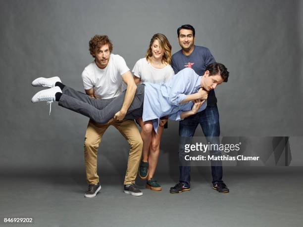 Actors Zach Woods, Thomas Middleditch, Amanda Crew and Kumail Nanjiani from 'Silicon Valley' are photographed for Entertainment Weekly Magazine on...