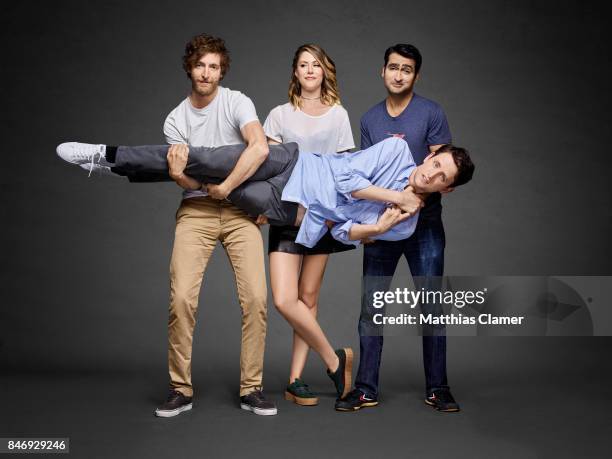 Actors Zach Woods, Thomas Middleditch, Amanda Crew and Kumail Nanjiani from 'Silicon Valley' are photographed for Entertainment Weekly Magazine on...