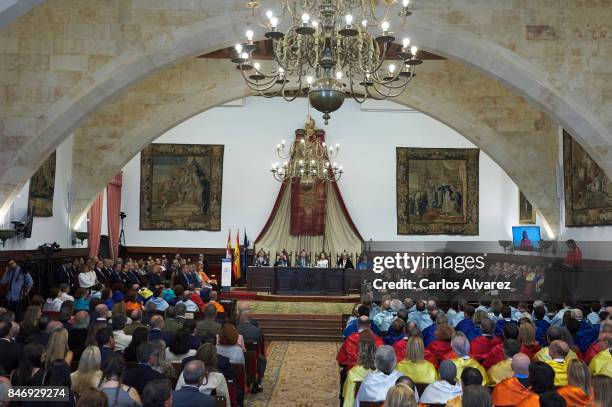 King Felipe VI of Spain and Queen Letizia of Spain attend the opening of the Scholar University College year at the Salamanca University on September...