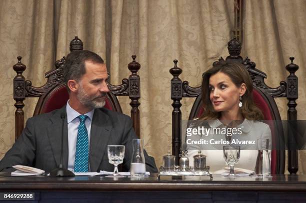 King Felipe VI of Spain and Queen Letizia of Spain attend the opening of the Scholar University College year at the Salamanca University on September...