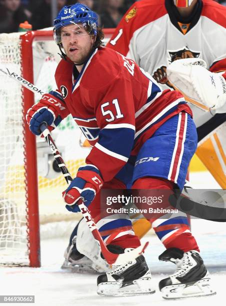 David Desharnais of the Montreal Canadiens plays in the game against the Florida Panthers at Bell Centre on March 28, 2015 in Montreal, Quebec,...