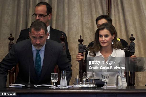 King Felipe VI of Spain and Queen Letizia of Spain attend the opening of the Scholar University College year at the Salamanca University on September...