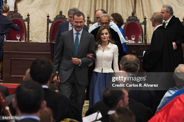 King Felipe VI of Spain and Queen Letizia of Spain attend the opening of the Scholar University College year at the Salamanca University on September...