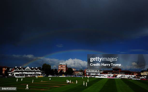 General view of play as a rainbow appears over the ground during Day Three of the Specsavers County Championship Division One match between Somerset...